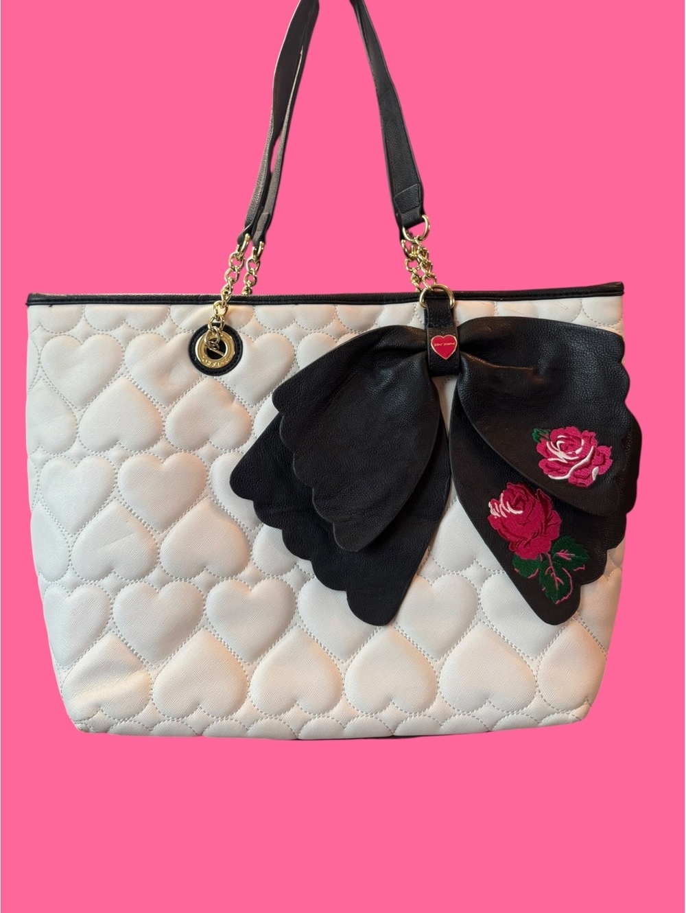 Betsey Johnson Quilted Heart Pattern Tote Bag Floral Bow